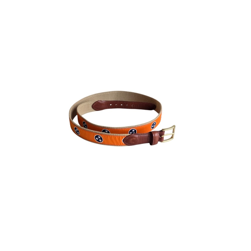 Volunteer Traditions Tennessee Tristar Ribbon Belt Orange Tan Leather Mens 44